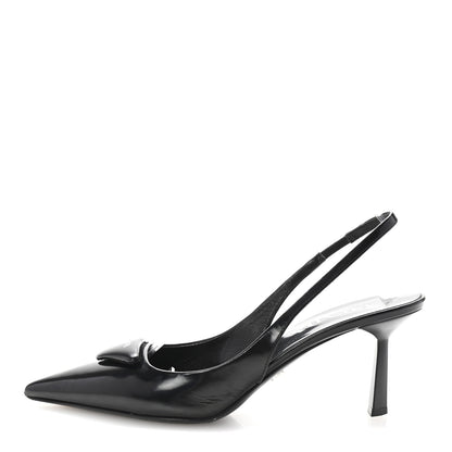 Prada Spazzolato Triangle Logo Pointed Toe 75mm Slingback Pumps 36 Black 1 of 8