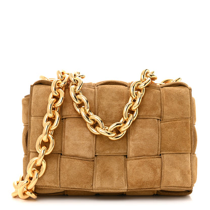 Bottega Veneta Suede Maxi Intrecciato Padded Chain Cassette Crossbody Bag Taupe 1 of 9