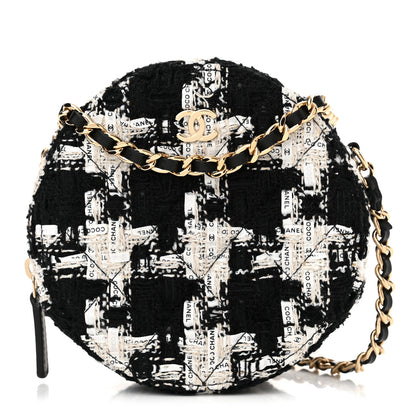 Chanel Tweed Quilted Round Clutch With Chain Black Ecru White 1 of 10
