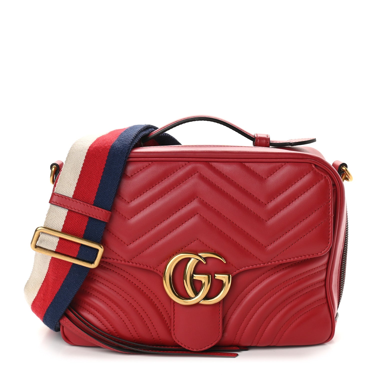 Gucci Calfskin Matelasse Sylvie Web Small GG Marmont Top Handle Shoulder Bag Hibiscus Red 1 of 9