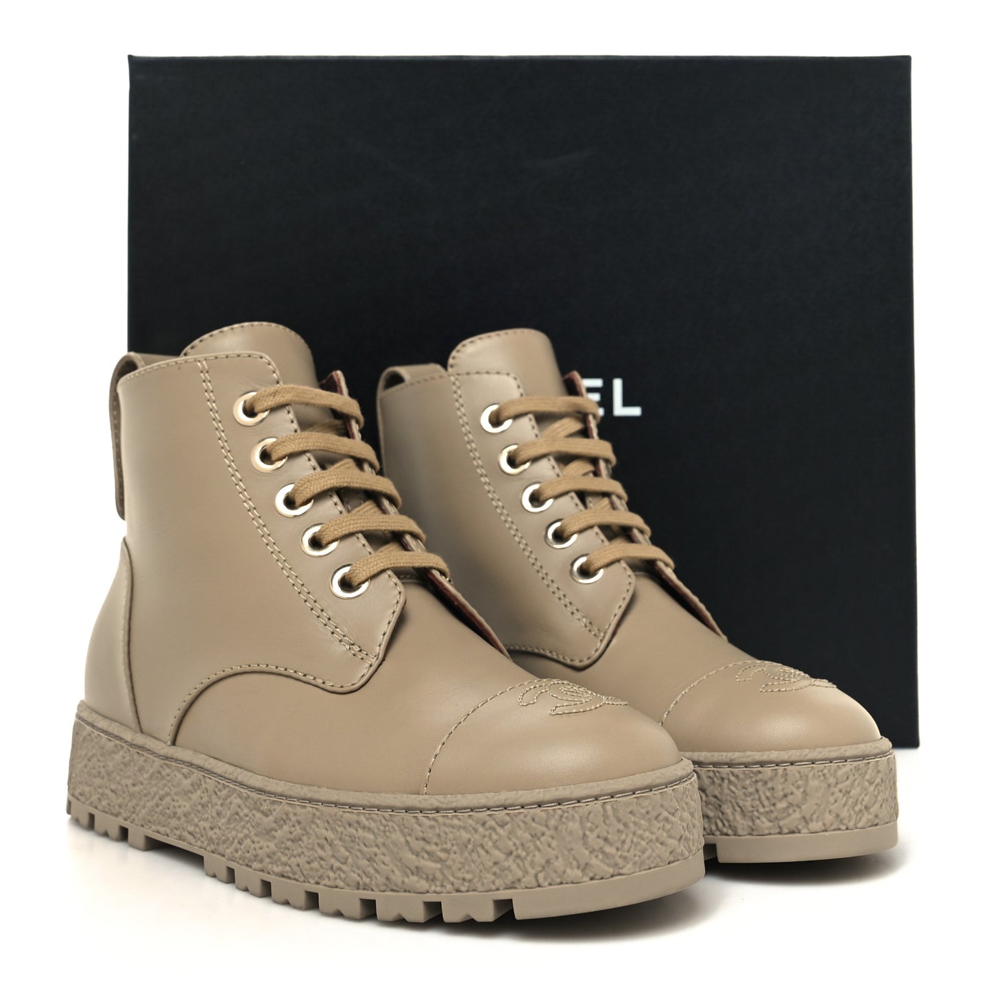 Calfskin CC Turnlock Lace Up Boots 36 Beige