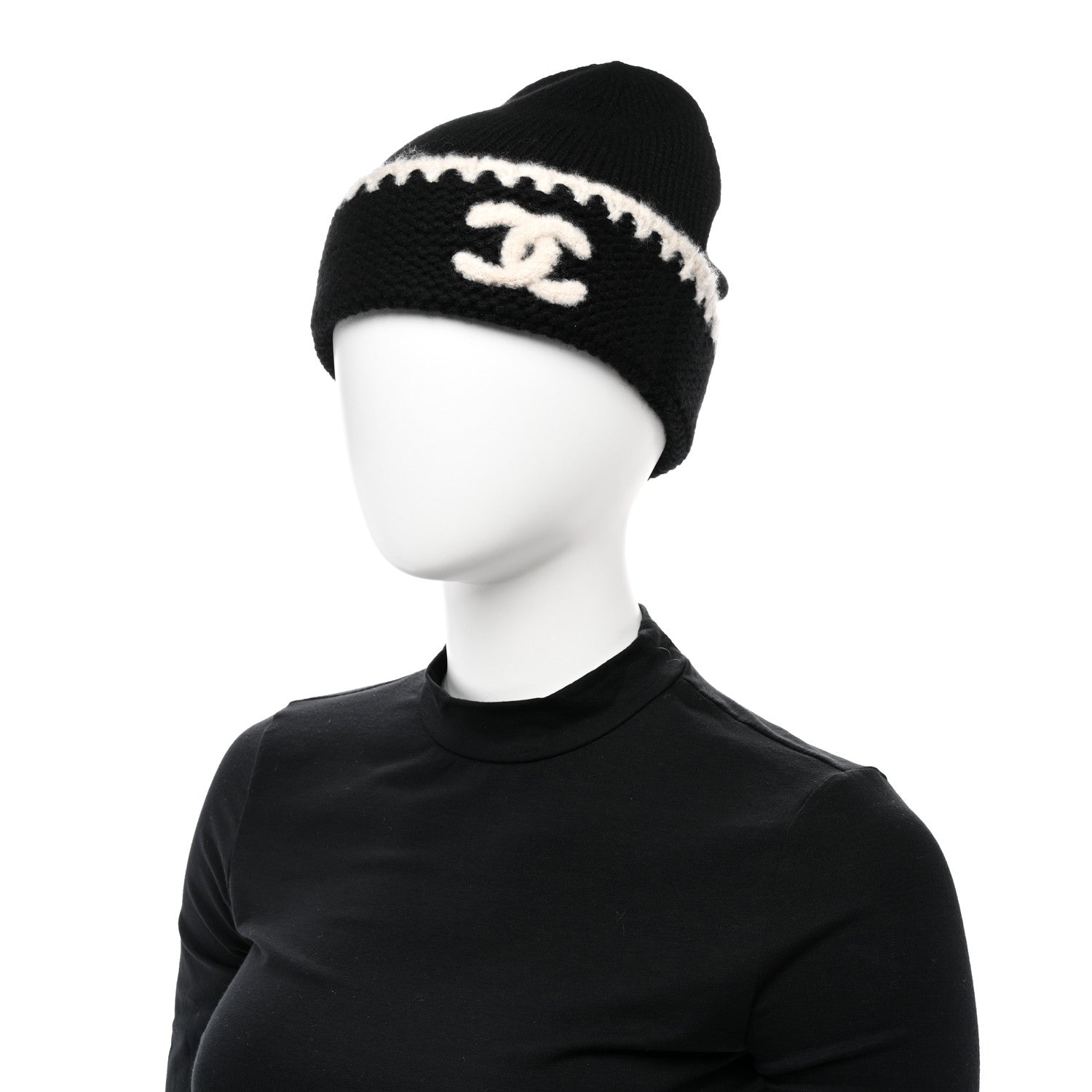 Chanel Cashmere Wool CC Beanie Hat Black Light Beige 2 of 6
