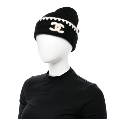 Chanel Cashmere Wool CC Beanie Hat Black Light Beige 2 of 6