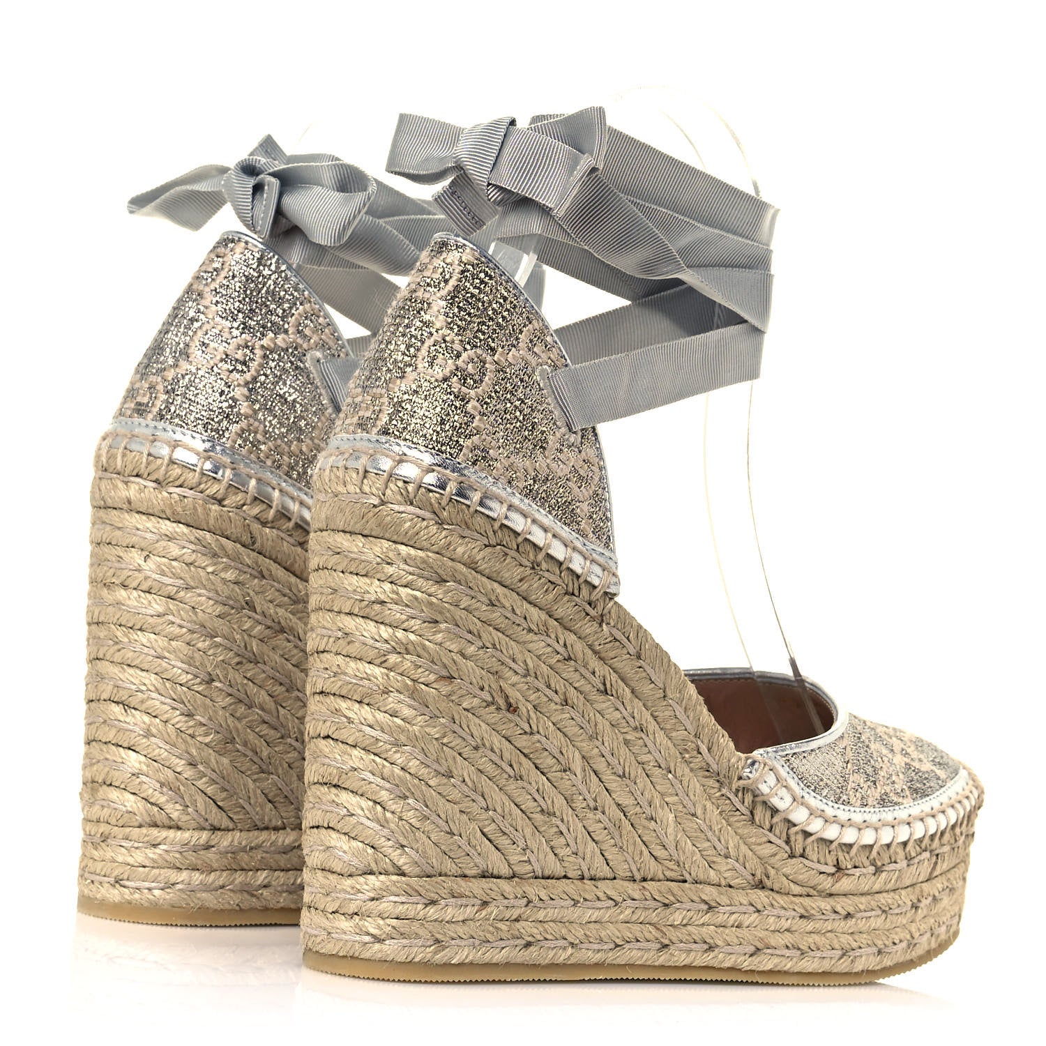 Gucci Lame GG Monogram Ankle Wrap Platform Espadrille Wedges 37 Silver Beige Light Grey 4 of 10