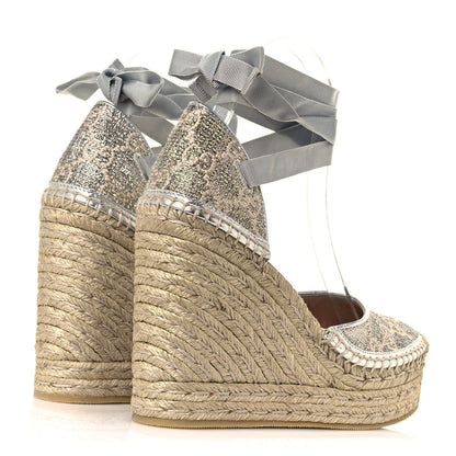 Gucci Lame GG Monogram Ankle Wrap Platform Espadrille Wedges 37 Silver Beige Light Grey 4 of 10