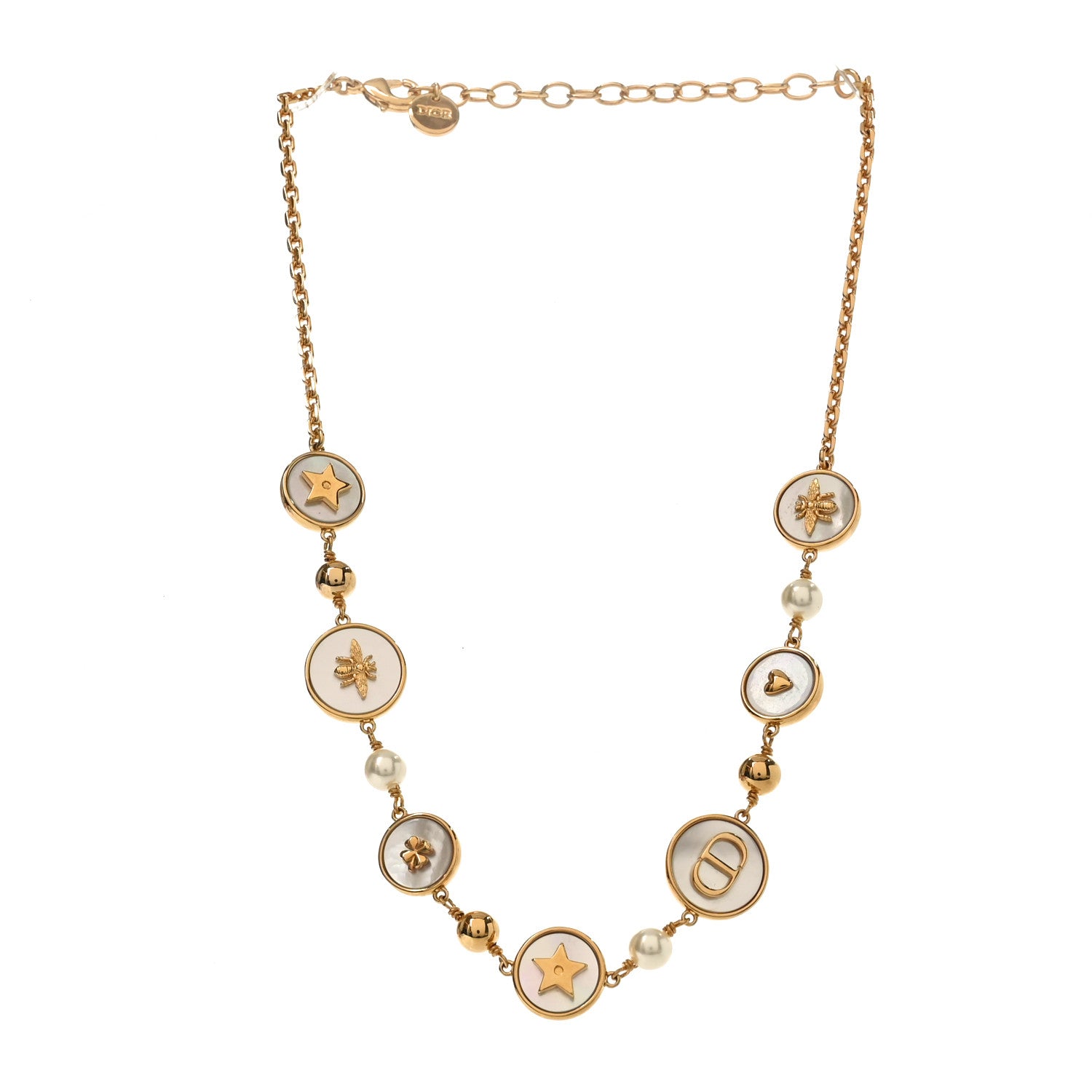 Christian Dior Metal Resin Pearl Mother of Pearl D-Luck Short Necklace Gold 3 of 4