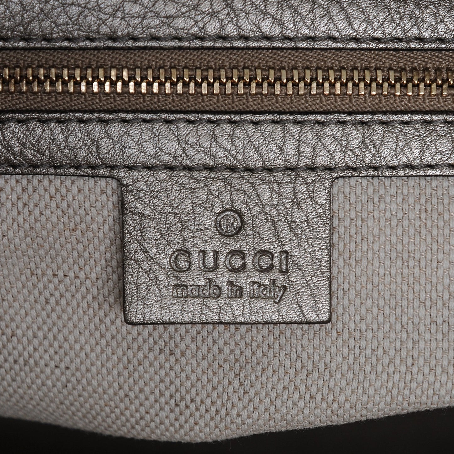 Metallic Pebbled Calfskin Small Soho Top Handle Bag Golden Beige