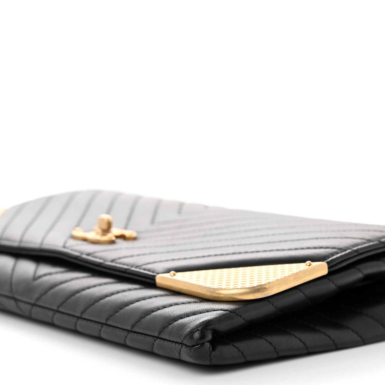 Chanel Calfskin Chevron Quilted Rock The Corner Clutch With Chain Black 7 of 13