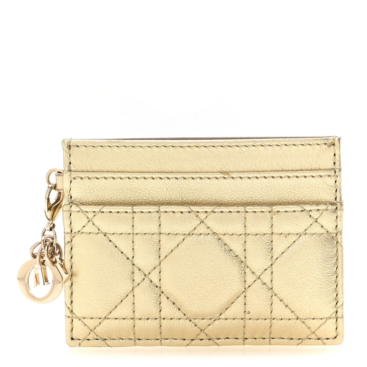 Metallic Calfskin Cannage Lady Dior Freesia Card Holder Gold