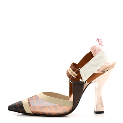 Fendi Technical Mesh FF Colibri 55mm Slingback Pumps 39.5 Tobacco Moro Camelia 1 of 7