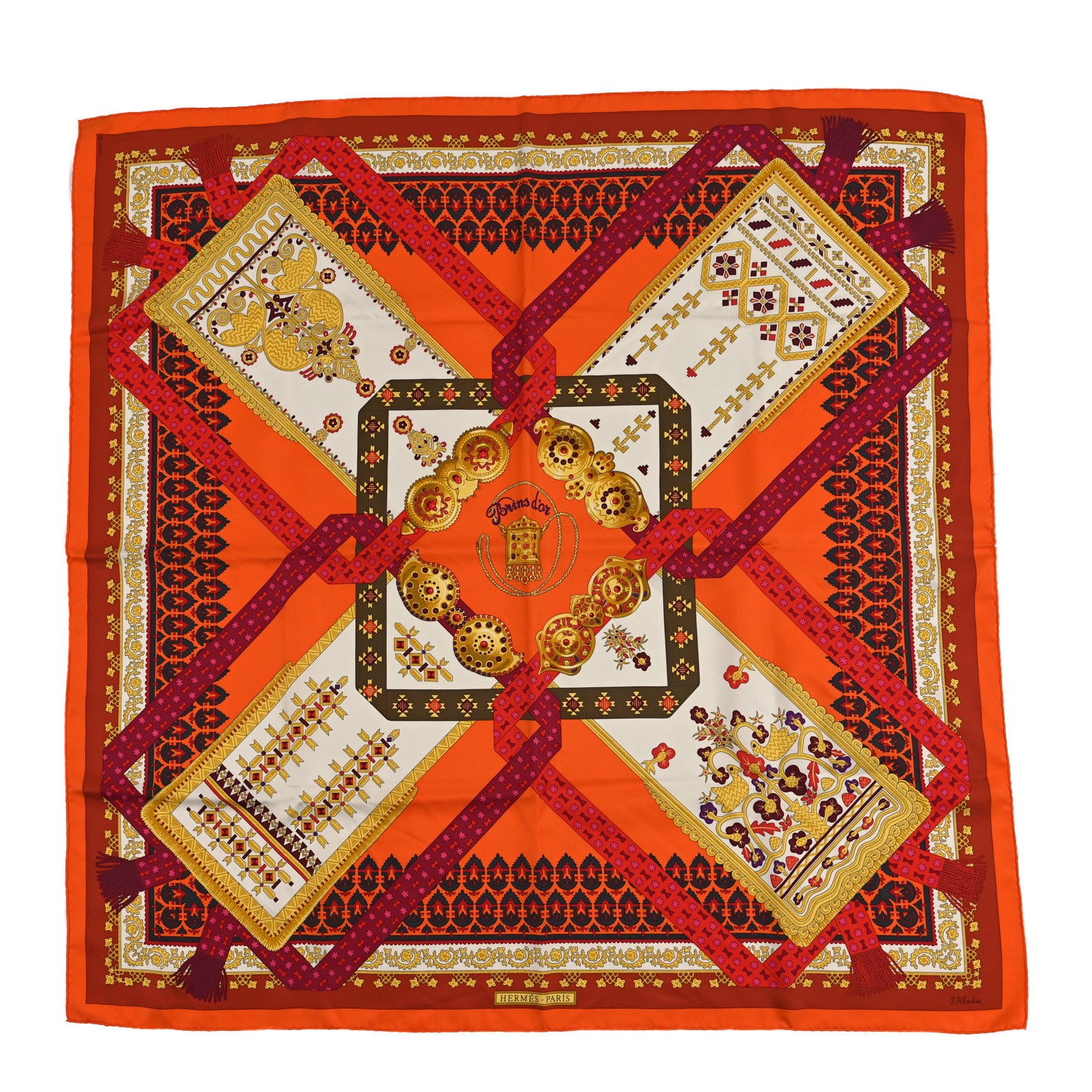 Hermes Silk Brins D'Or Scarf 90 Orange White Bronze 1 of 3