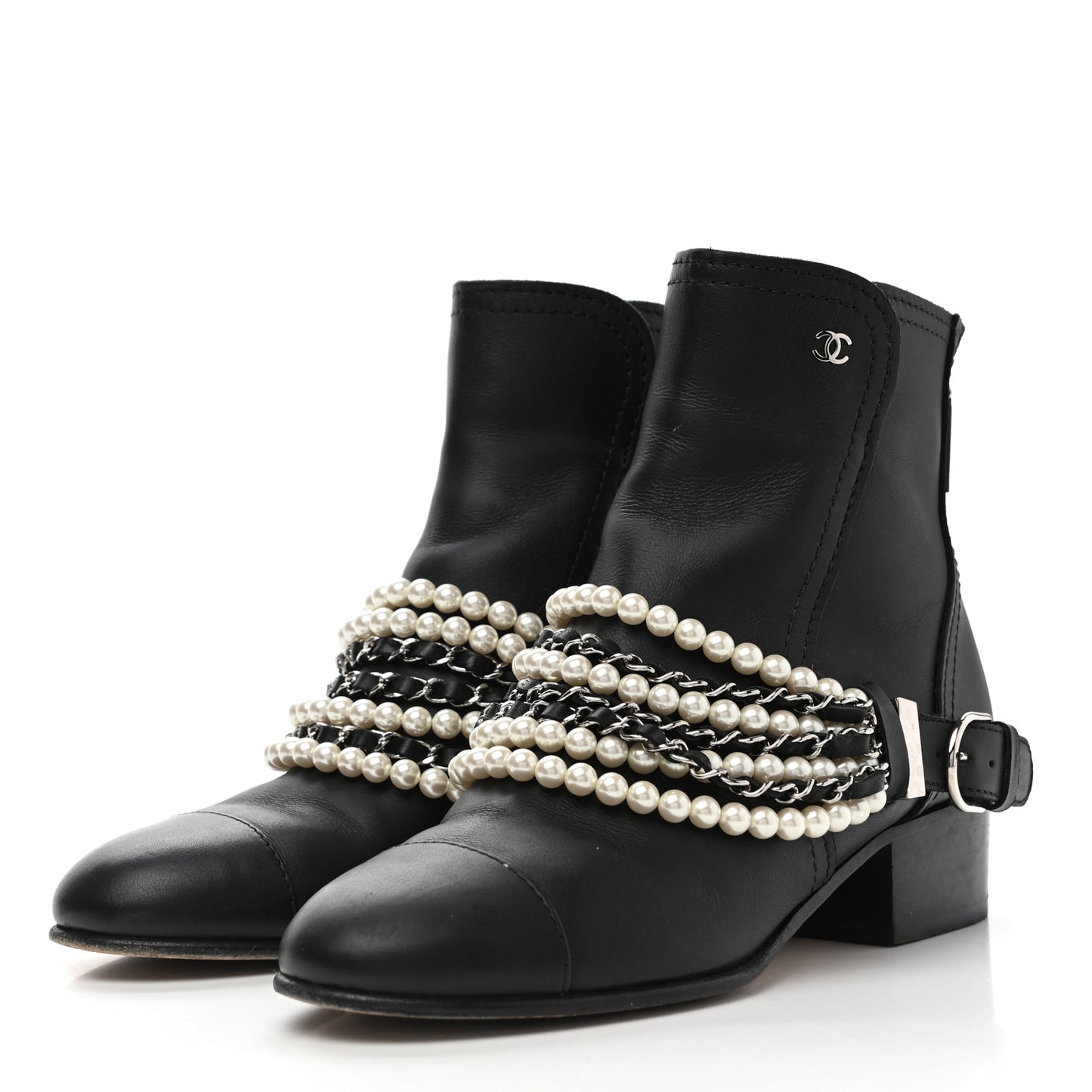 Calfskin Pearl Cap Toe Short Boots 37 Black