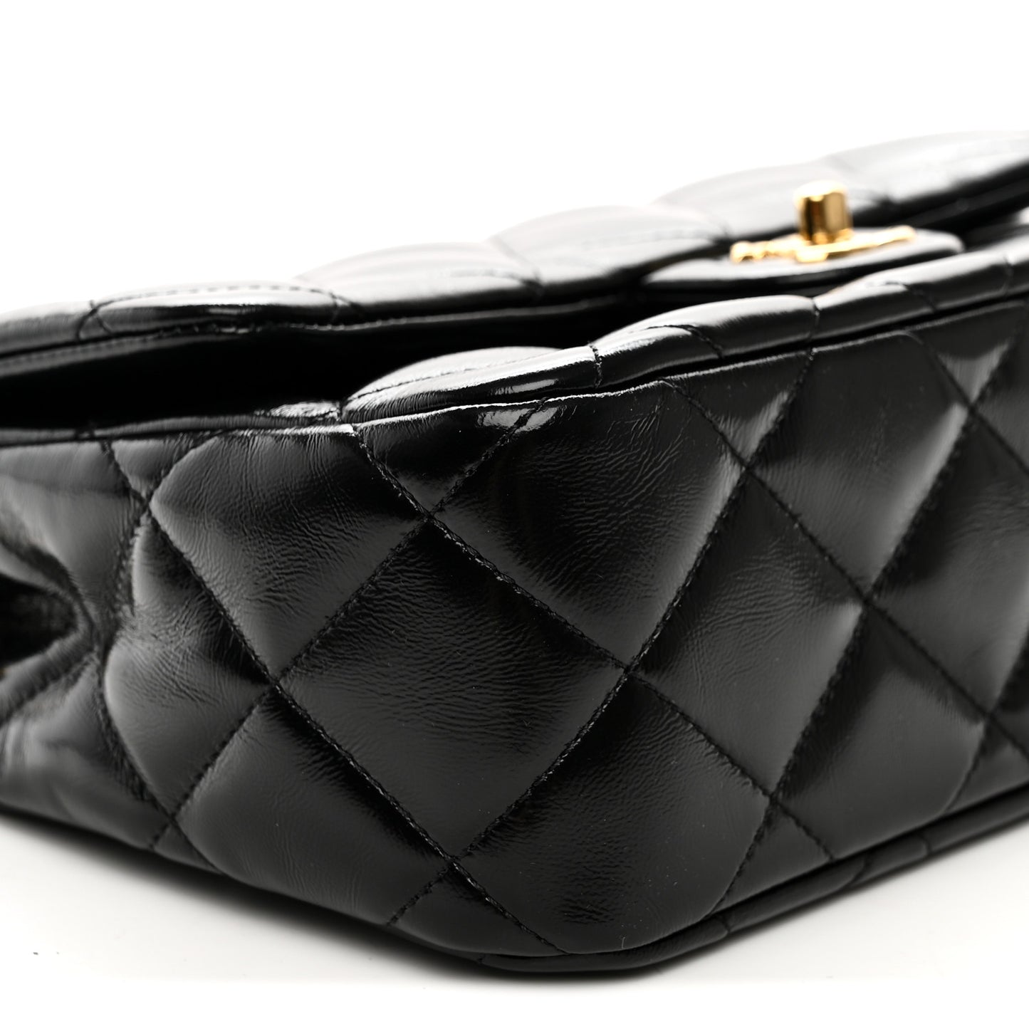 Shiny Lambskin Quilted Twisted Links Top Handle Flap Black