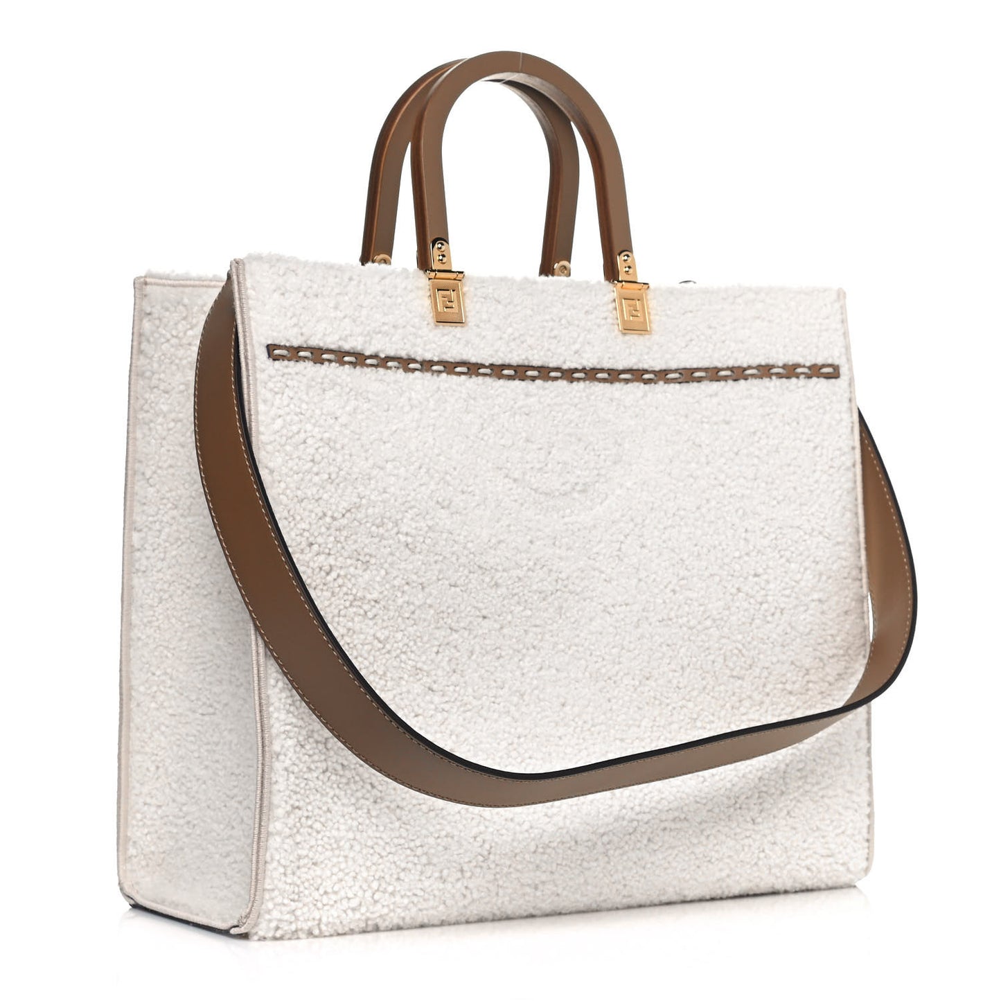 Shearling Vitello King Logo Medium Fendi Sunshine Shopper Tote White