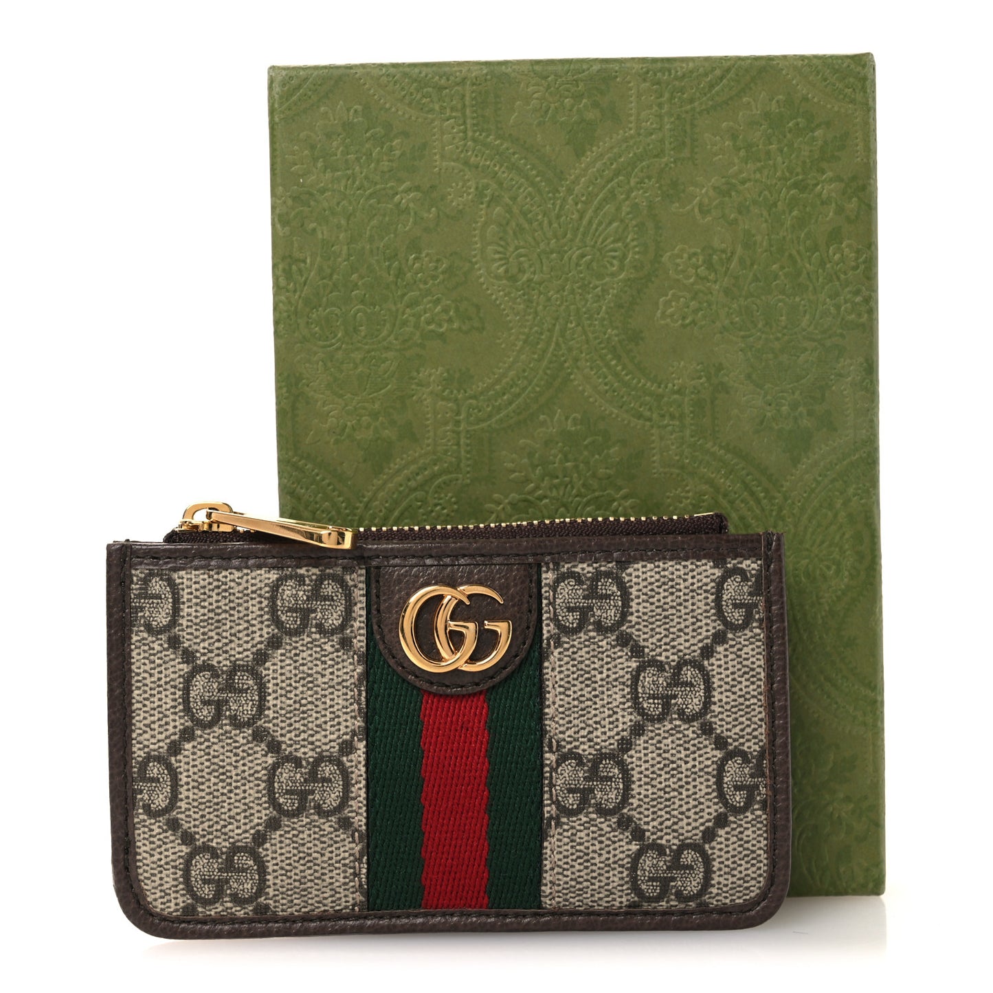 GG Supreme Monogram Web Ophidia Zip Card Case Brown