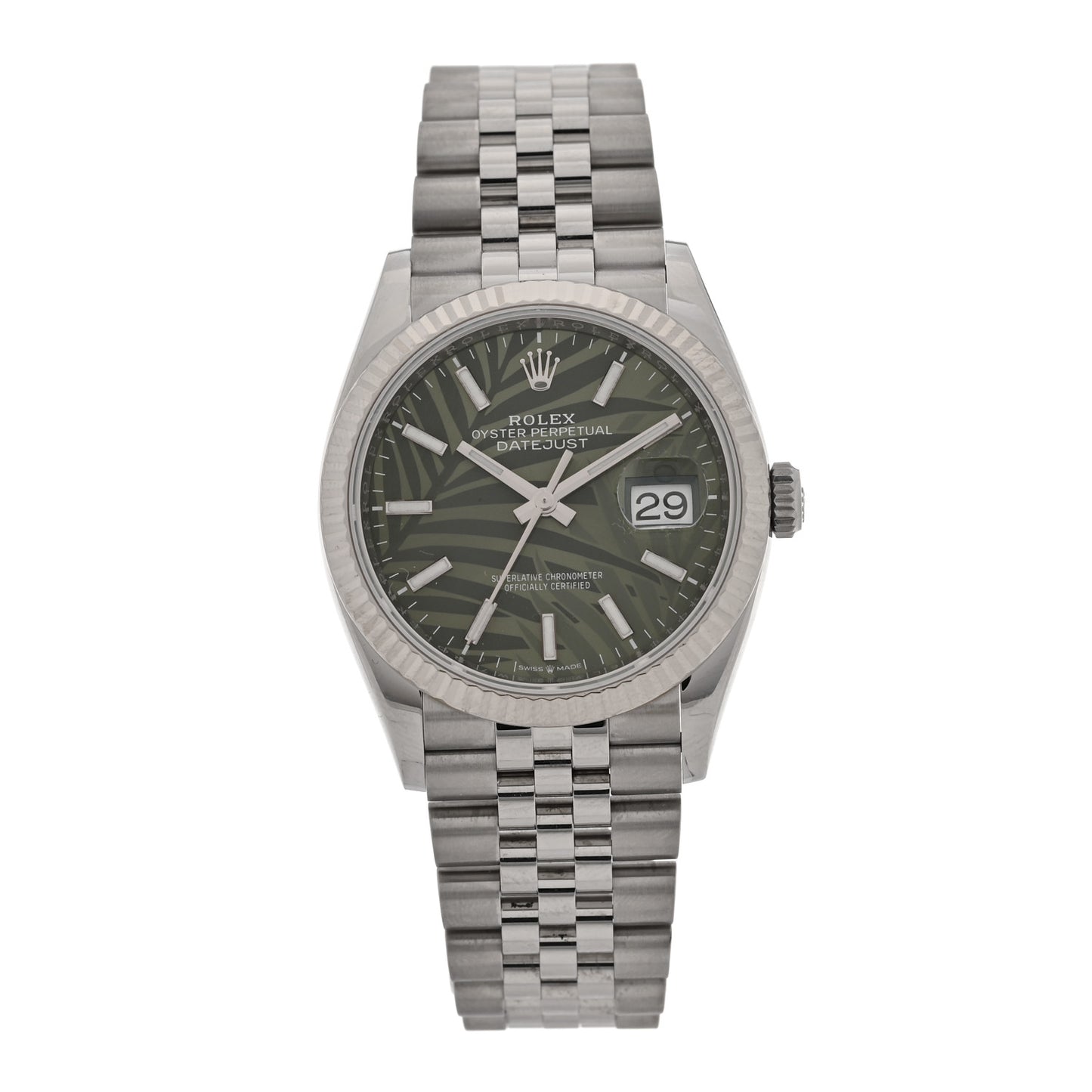 Stainless Steel 18K White Gold 36mm Oyster Perpetual Datejust Watch Olive Green Palm 126234