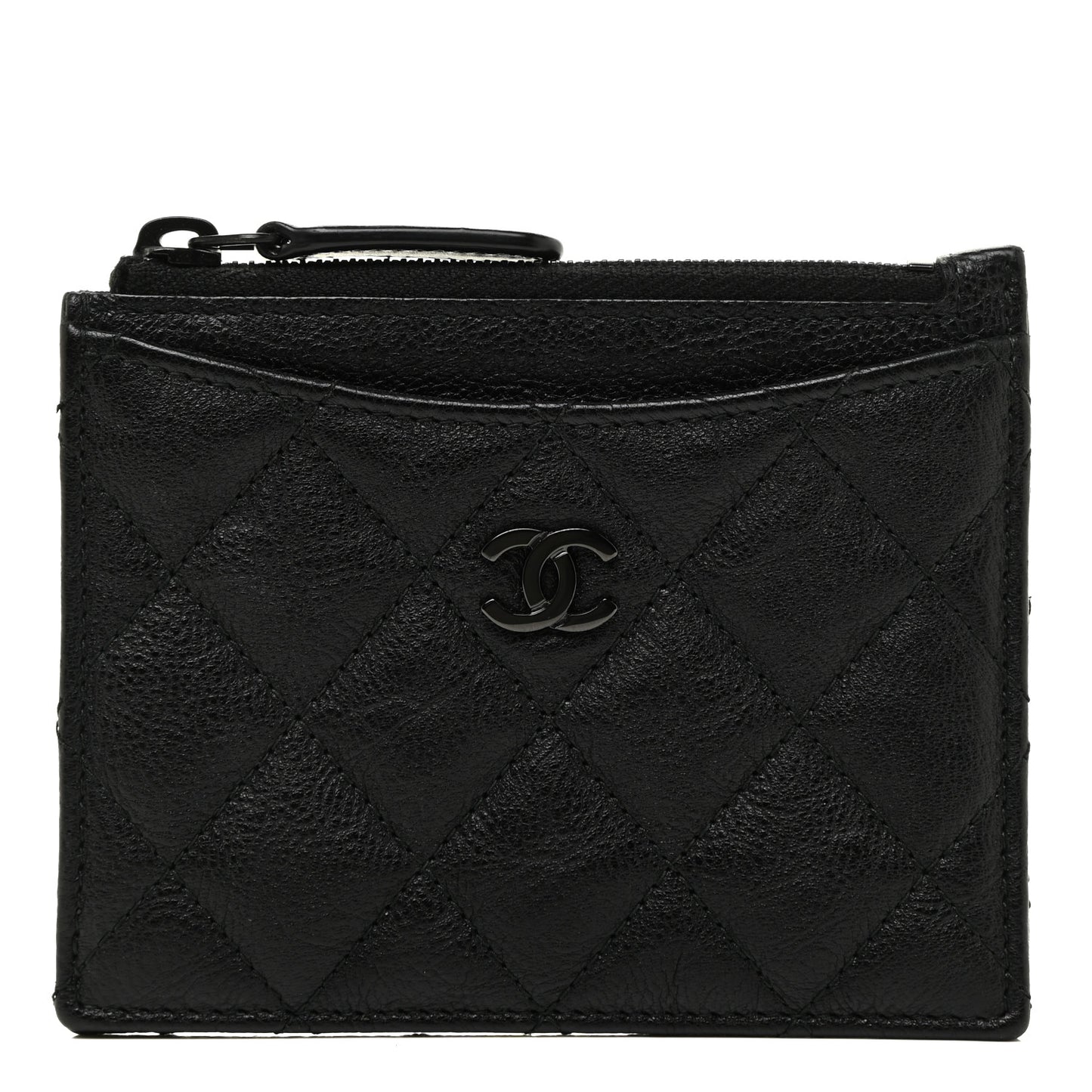 Crinkled Calfskin Quilted CC Zip Card Holder So Black