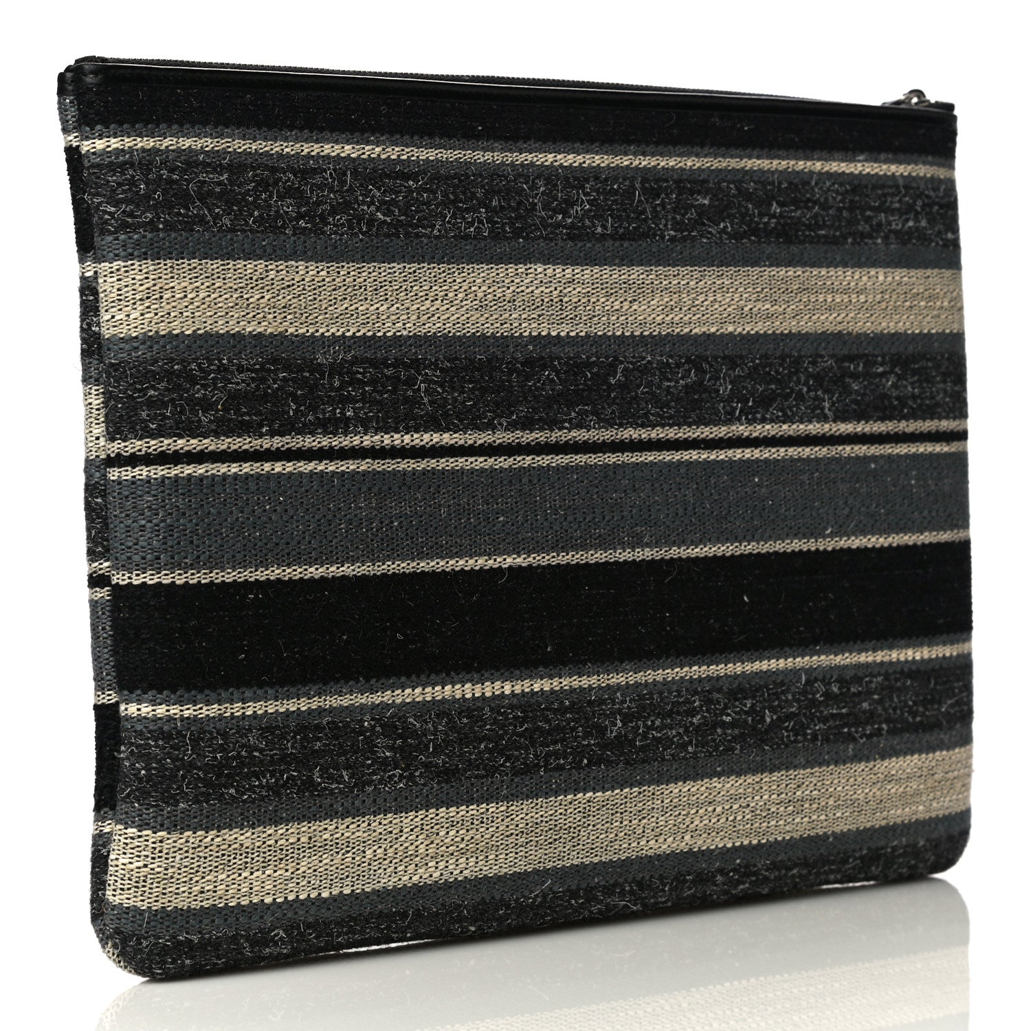 Chanel Striped Canvas Medium Deauville Cosmetic Pouch Grey Black 3 of 12
