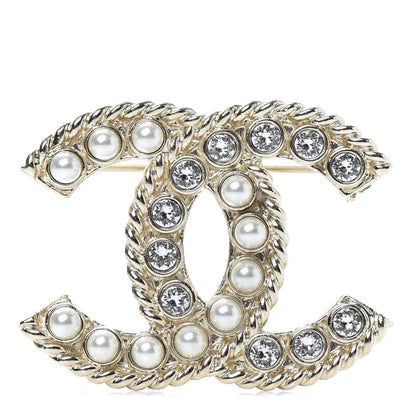 Chanel Pearl Crystal CC Brooch Gold Pearly White 1 of 4