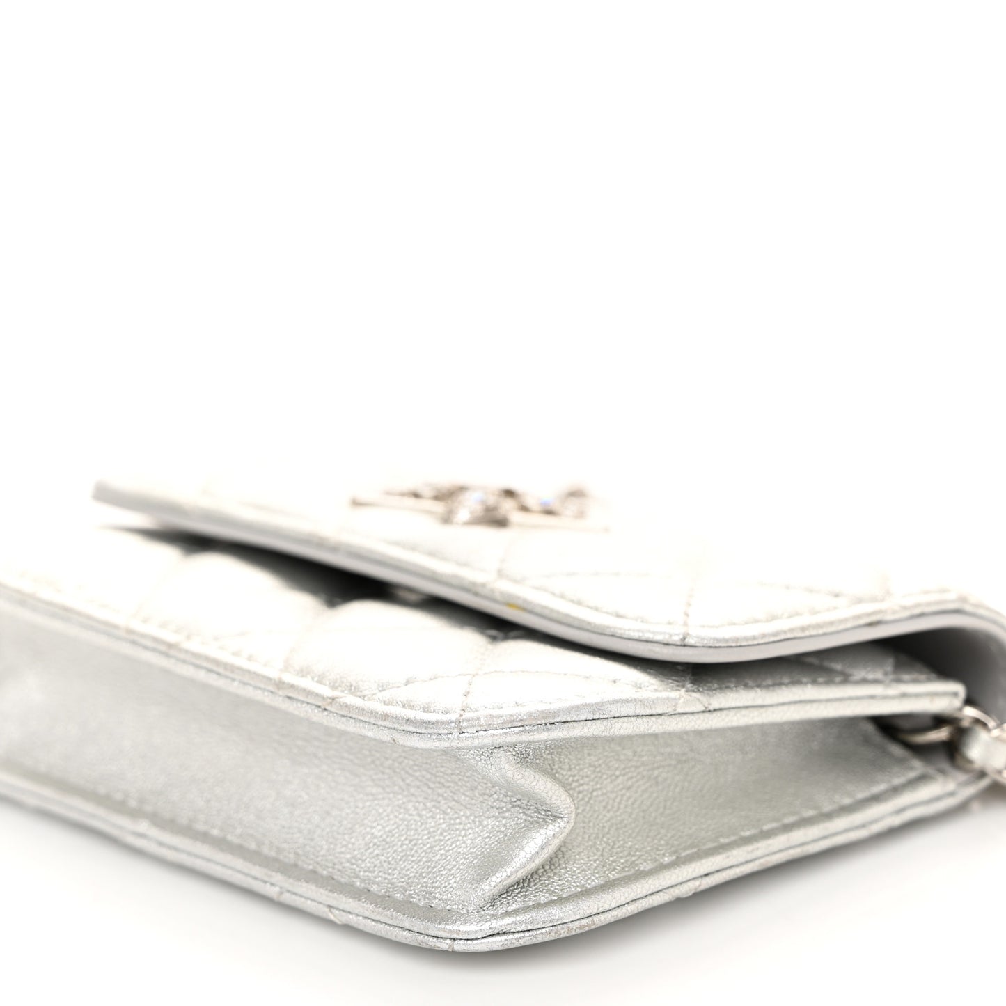 Metallic Lambskin Crystal Quilted Star Chain Belt Bag Silver