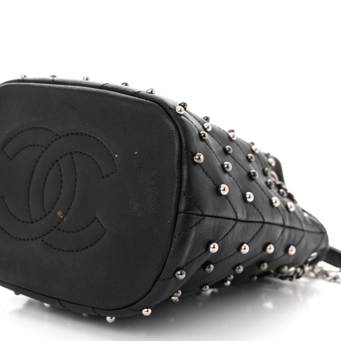 Lambskin Studded Chevron Quilted Small Stud Wars Drawstring Bag Black