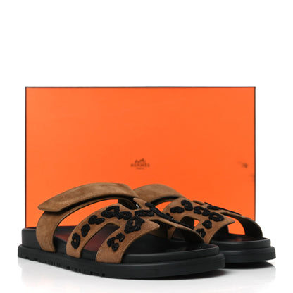 Hermes Suede Goatskin Tufted Leopard Womens Chypre Sandals 38.5 Brun Fume Black 9 of 9