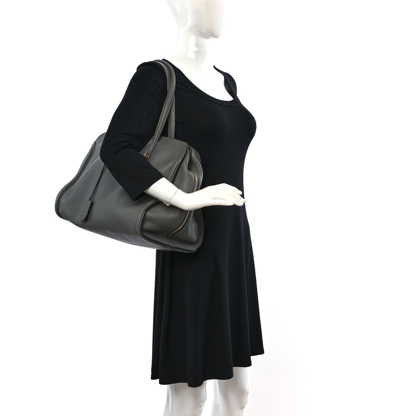 Pebbled Calfskin Large Skull Padlock Zip Around Tote Dark Grey