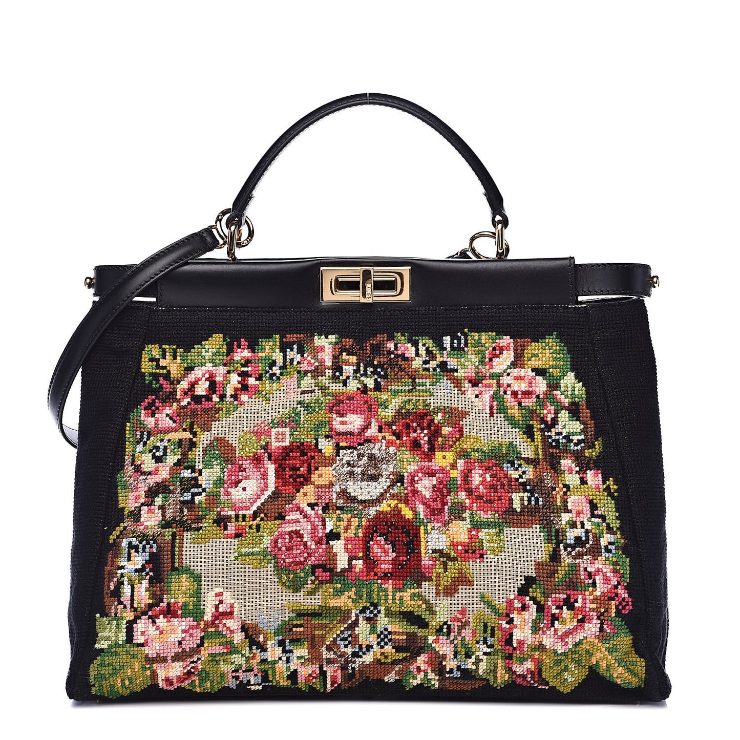 Canvas Embroidered Large Peekaboo Iconic Satchel Black Multicolor