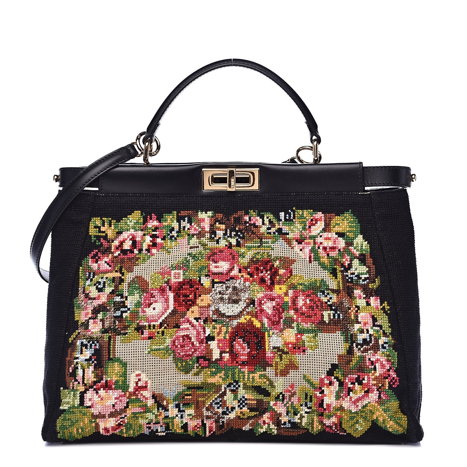 Fendi Canvas Embroidered Large Peekaboo Iconic Satchel Black Multicolor 1 of 12