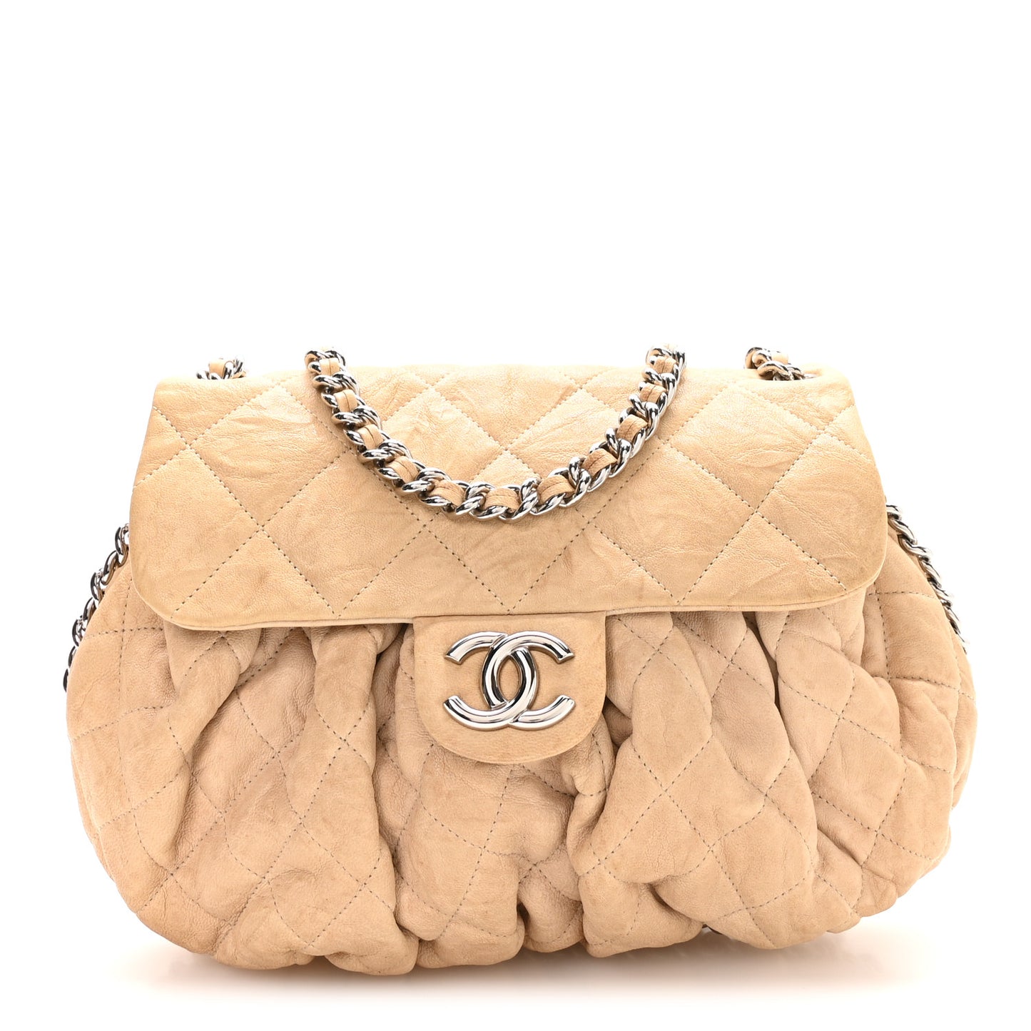 Washed Lambskin Quilted Medium Chain Around Messenger Beige