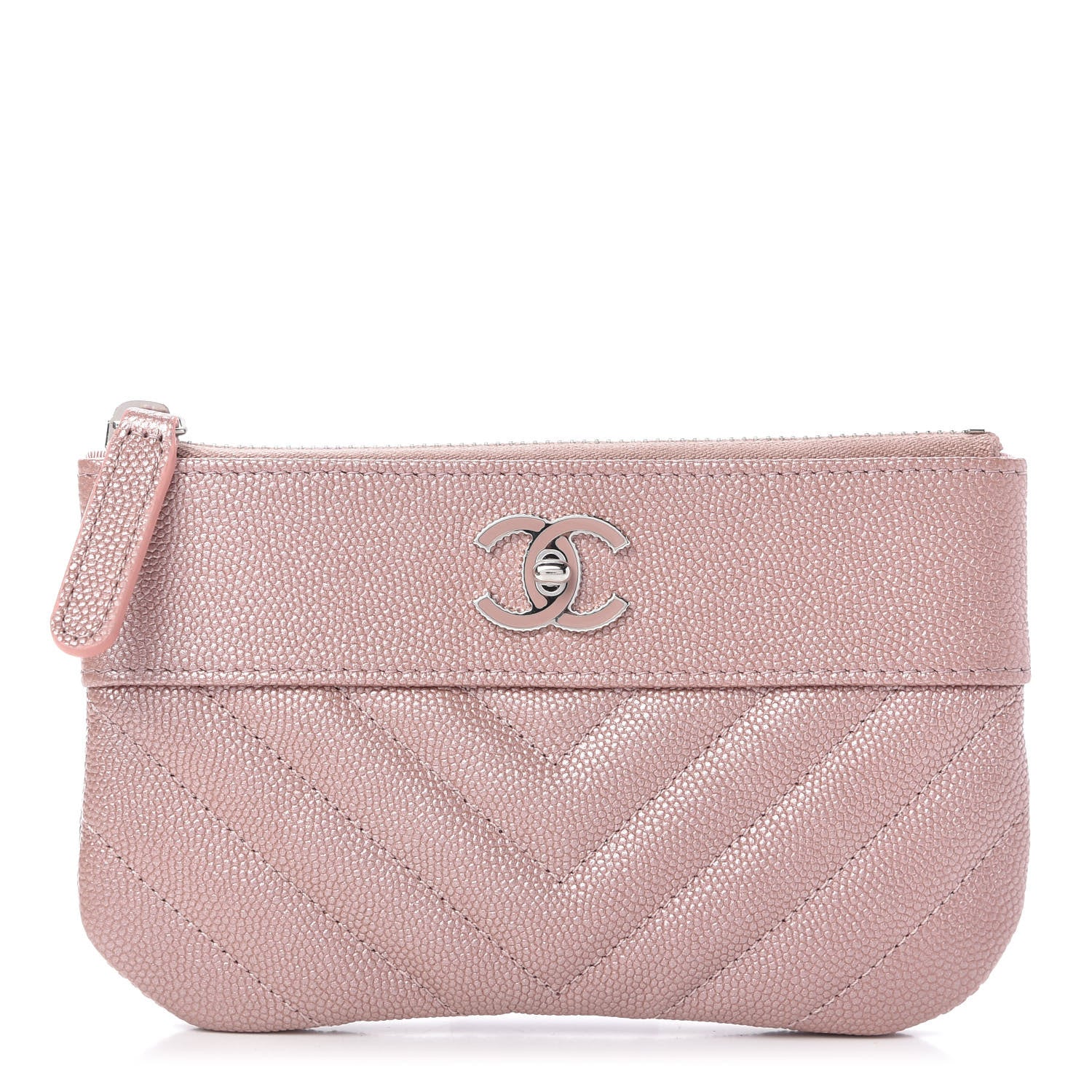 Chanel Metallic Caviar Chevron Quilted Small Vintage Mademoiselle Cosmetic Case Pink 1 of 11