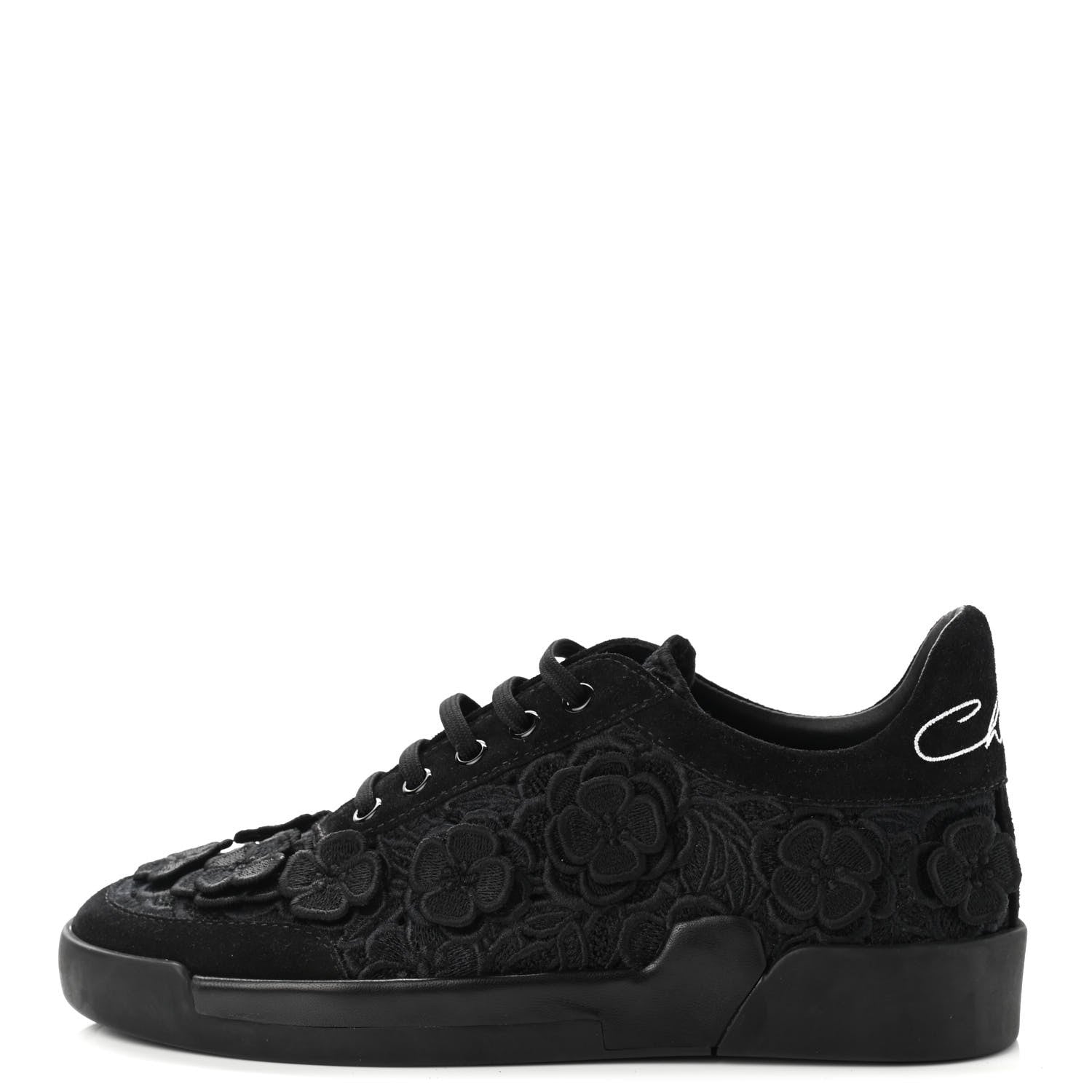 Chanel Suede Embroidered Flower Sneakers 36 Black 1 of 7
