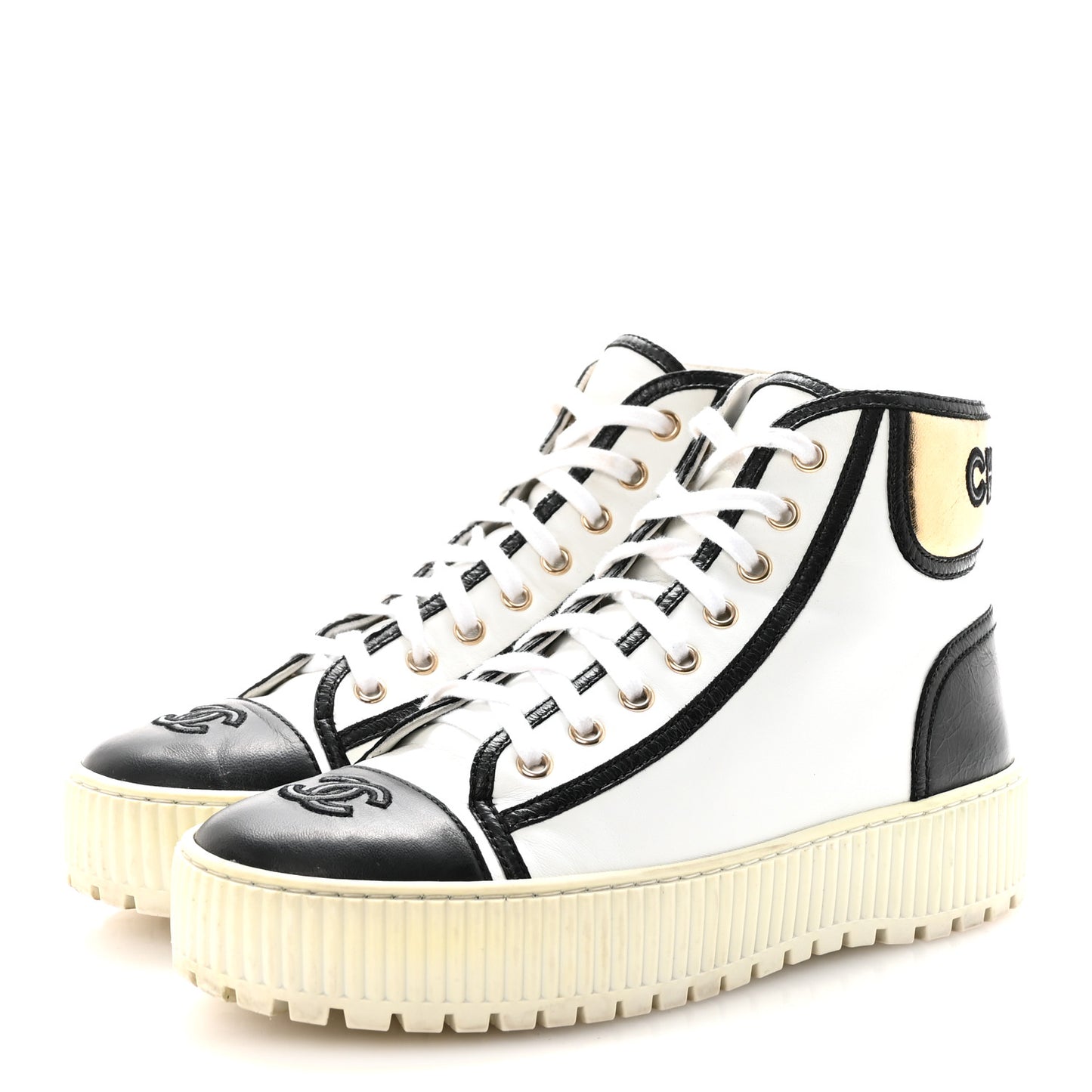 Shiny Lambskin Lace Up Cap Toe Sneakers 37.5 White Gold Black