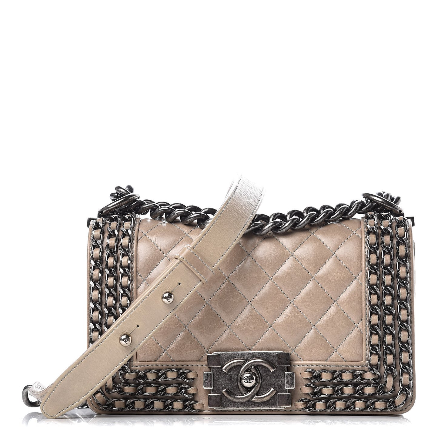 Glazed Calfskin Quilted Small Boy Chained Flap Beige
