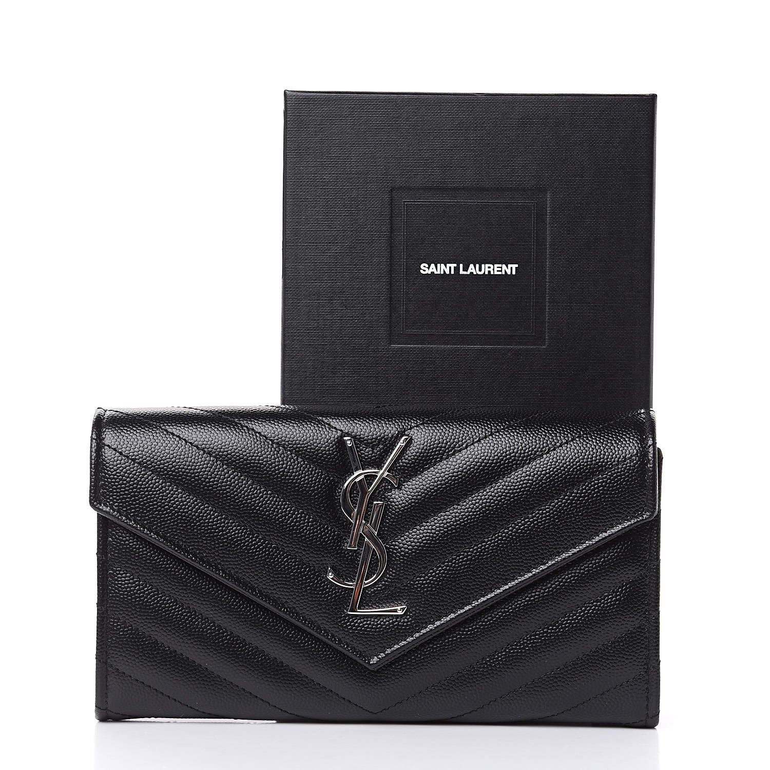 Saint Laurent Grain De Poudre Matelasse Chevron Monogram Flap Wallet Black 7 of 7