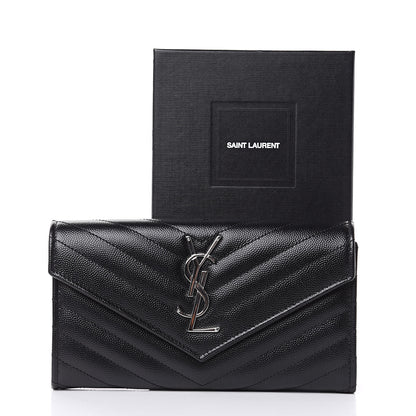 Saint Laurent Grain De Poudre Matelasse Chevron Monogram Flap Wallet Black 7 of 7