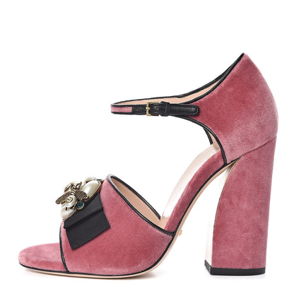 Gucci Velvet Pearl Bee Embellished Sandals 39.5 Tibet Red 1 of 9