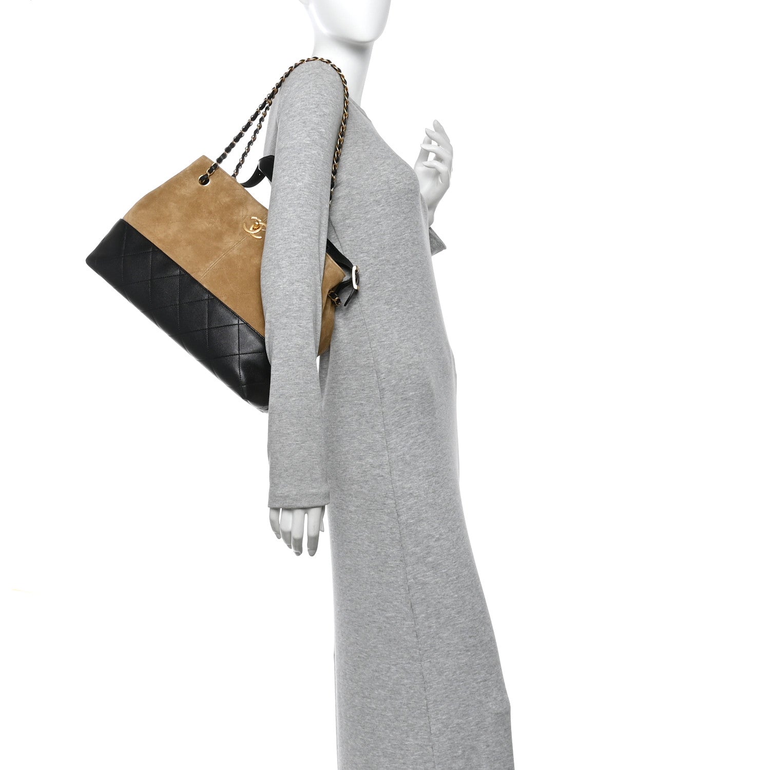 Chanel Suede Calfskin Shiny Lambskin Quilted Small Coco Base Shopping Bag Beige Black 2 of 10