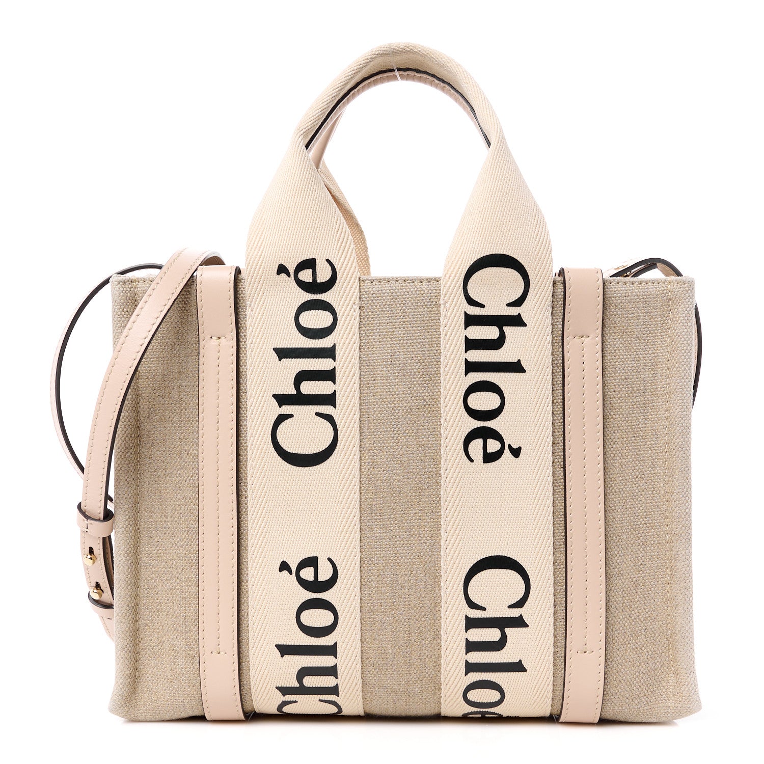 Chloe Linen Calfskin Small Woody Ribbon Tote With Strap White Pink 1 of 10