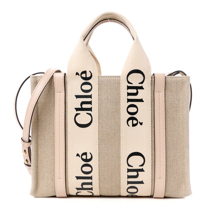 Chloe Linen Calfskin Small Woody Ribbon Tote With Strap White Pink 1 of 10