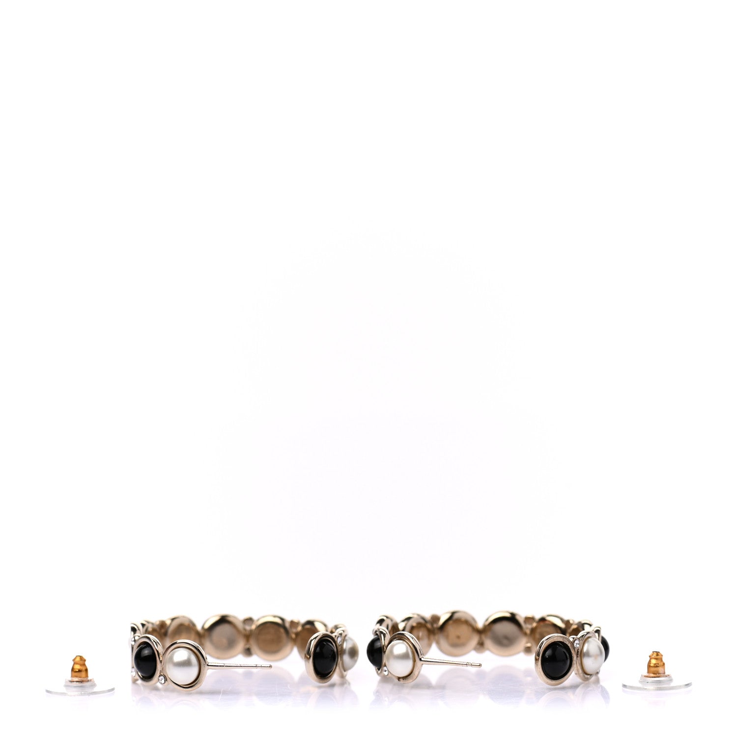 Chanel Crystal Pearl Metal Resin Polka Dot Hoop Earrings Gold Black 3 of 4