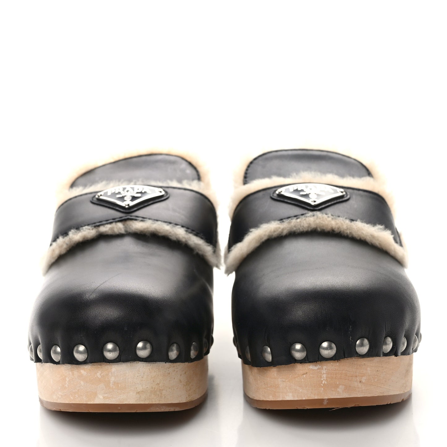 Natural Calfskin Shearling Metal Triangle Logo 45mm Clogs 40 Black Sabbia