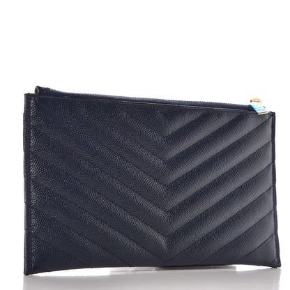 Saint Laurent Grain De Poudre Chevron Monogram Bill Pouch Navy 3 of 8