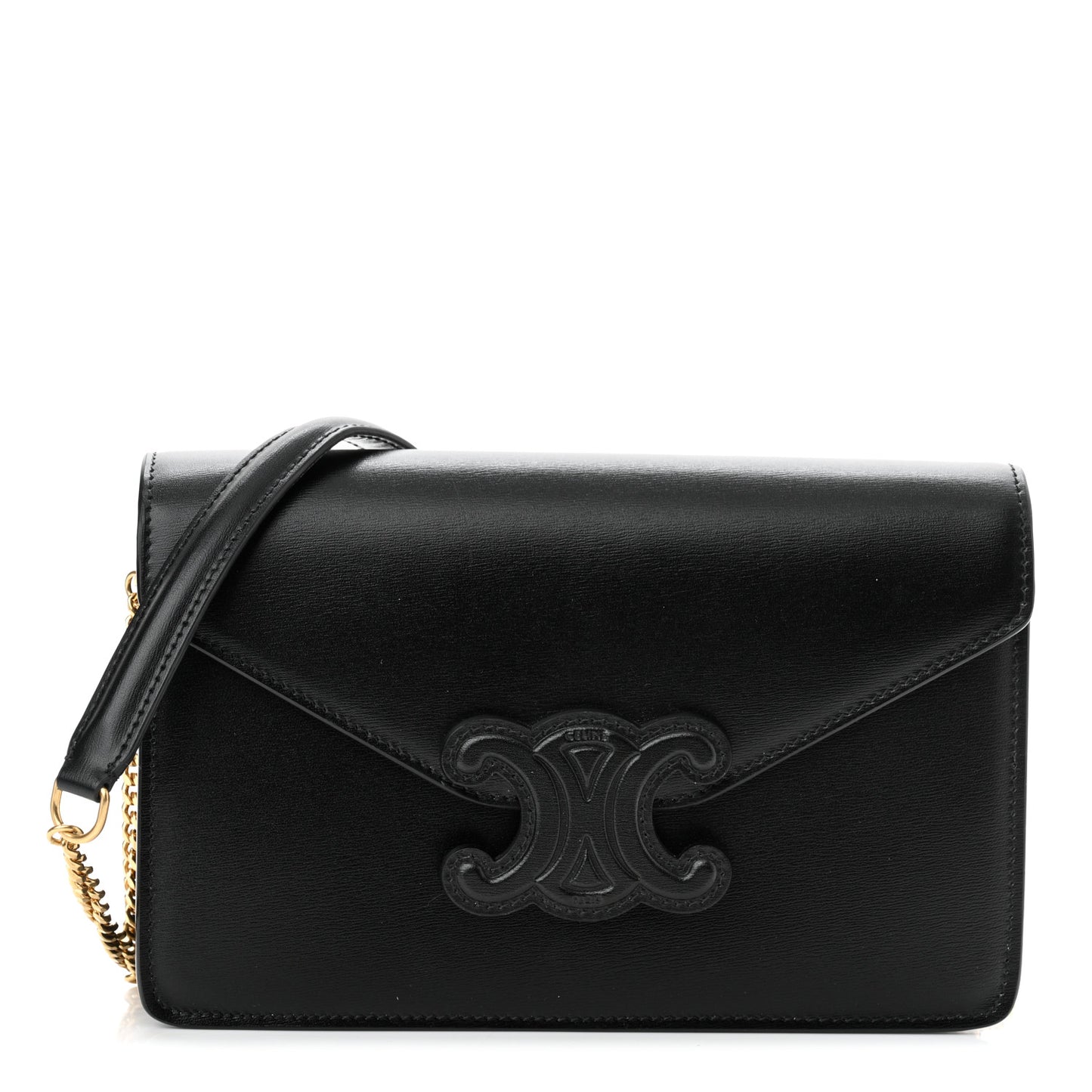 Shiny Calfskin Cuir Triomphe Wallet on Chain Black
