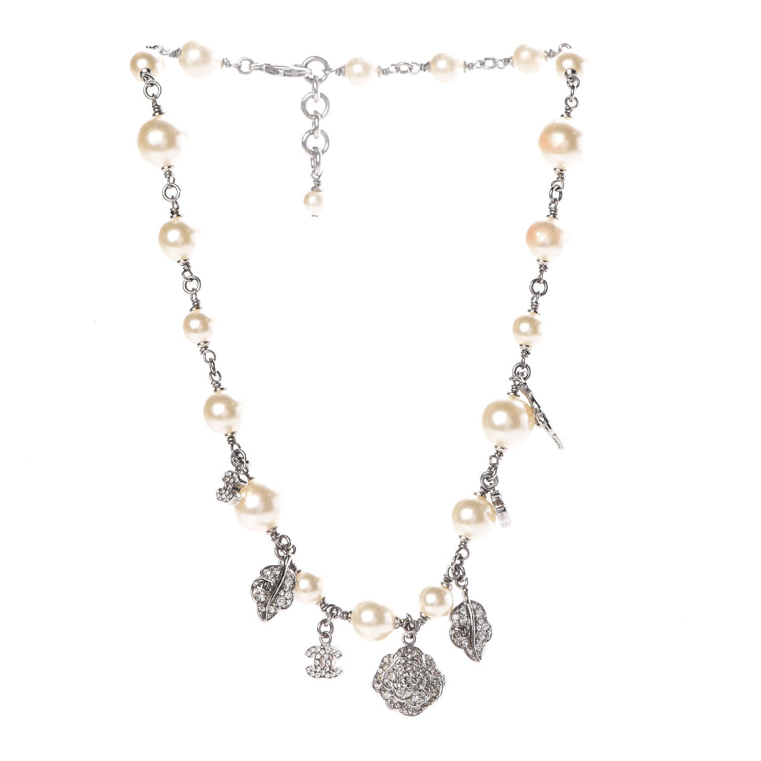 Chanel Crystal Pearl CC Camellia Charm Necklace Silver 3 of 4