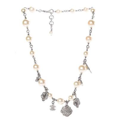 Chanel Crystal Pearl CC Camellia Charm Necklace Silver 3 of 4