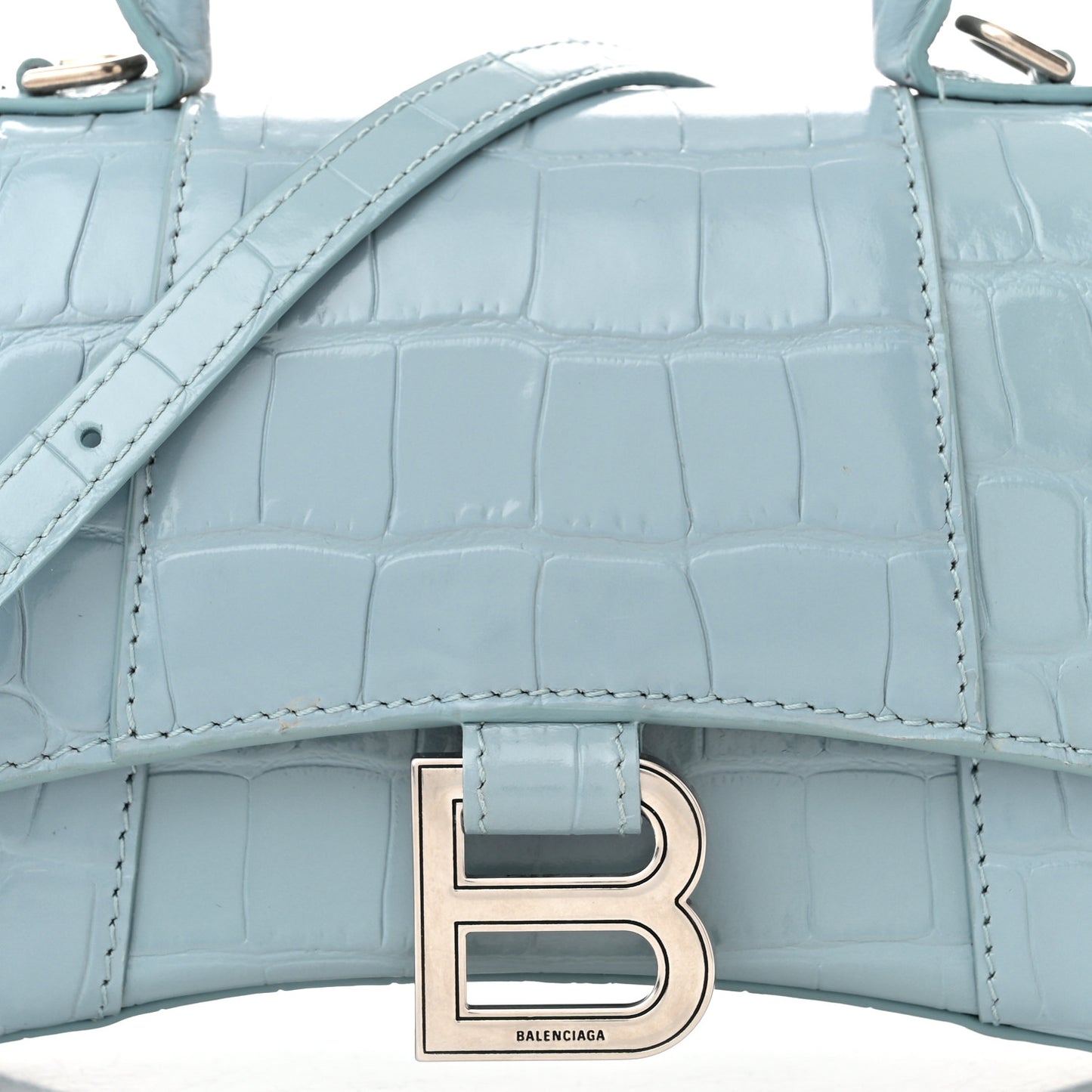 Shiny Calfskin Crocodile Embossed Hourglass Top Handle Bag XS Blue Grey