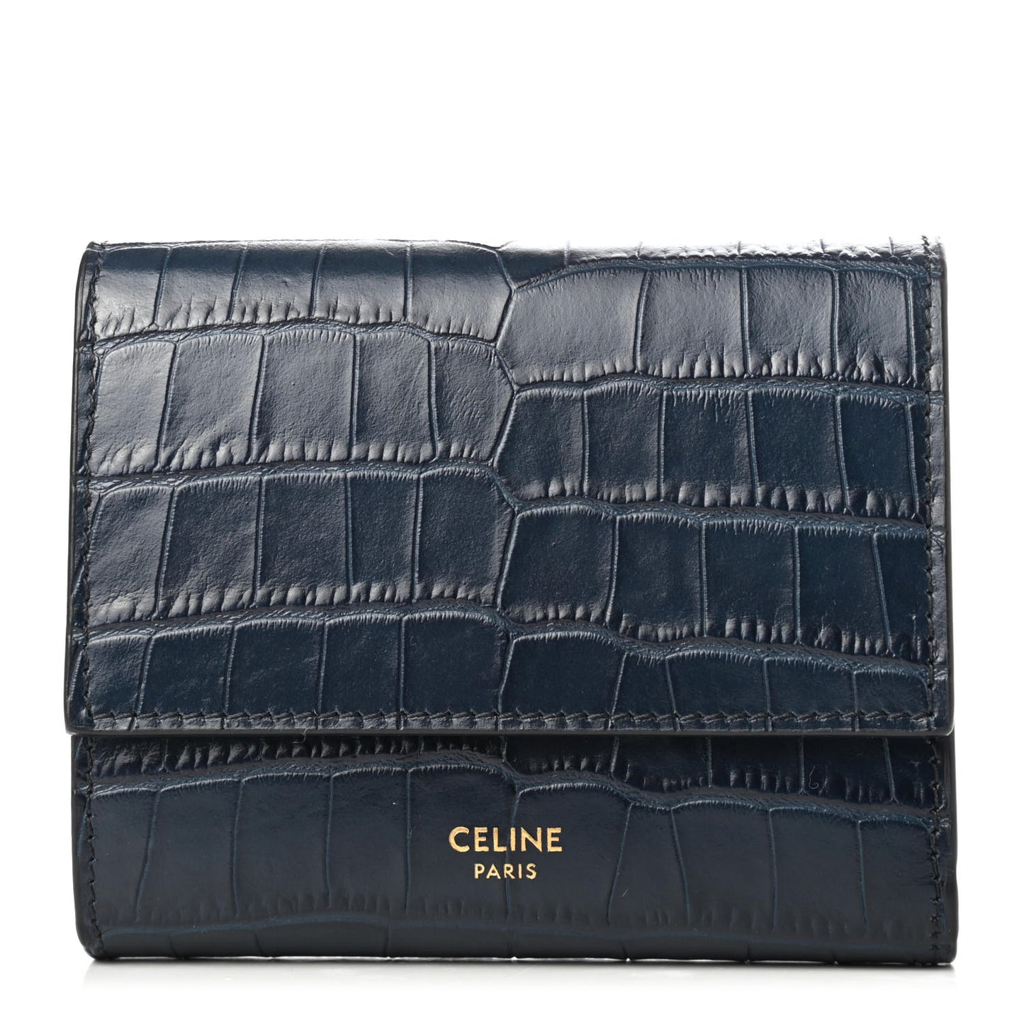 Calfskin Crocodile Embossed Small Tri-Fold Wallet Navy Blue