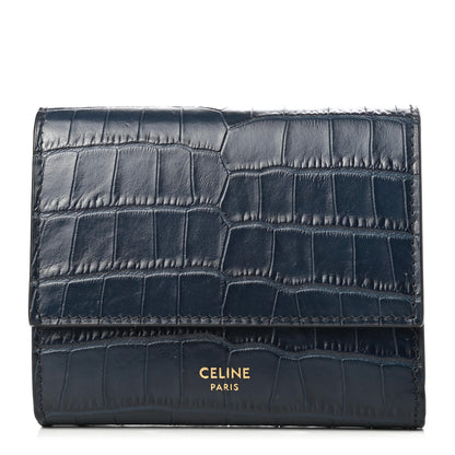 Celine Calfskin Crocodile Embossed Small Tri-Fold Wallet Navy Blue 1 of 9