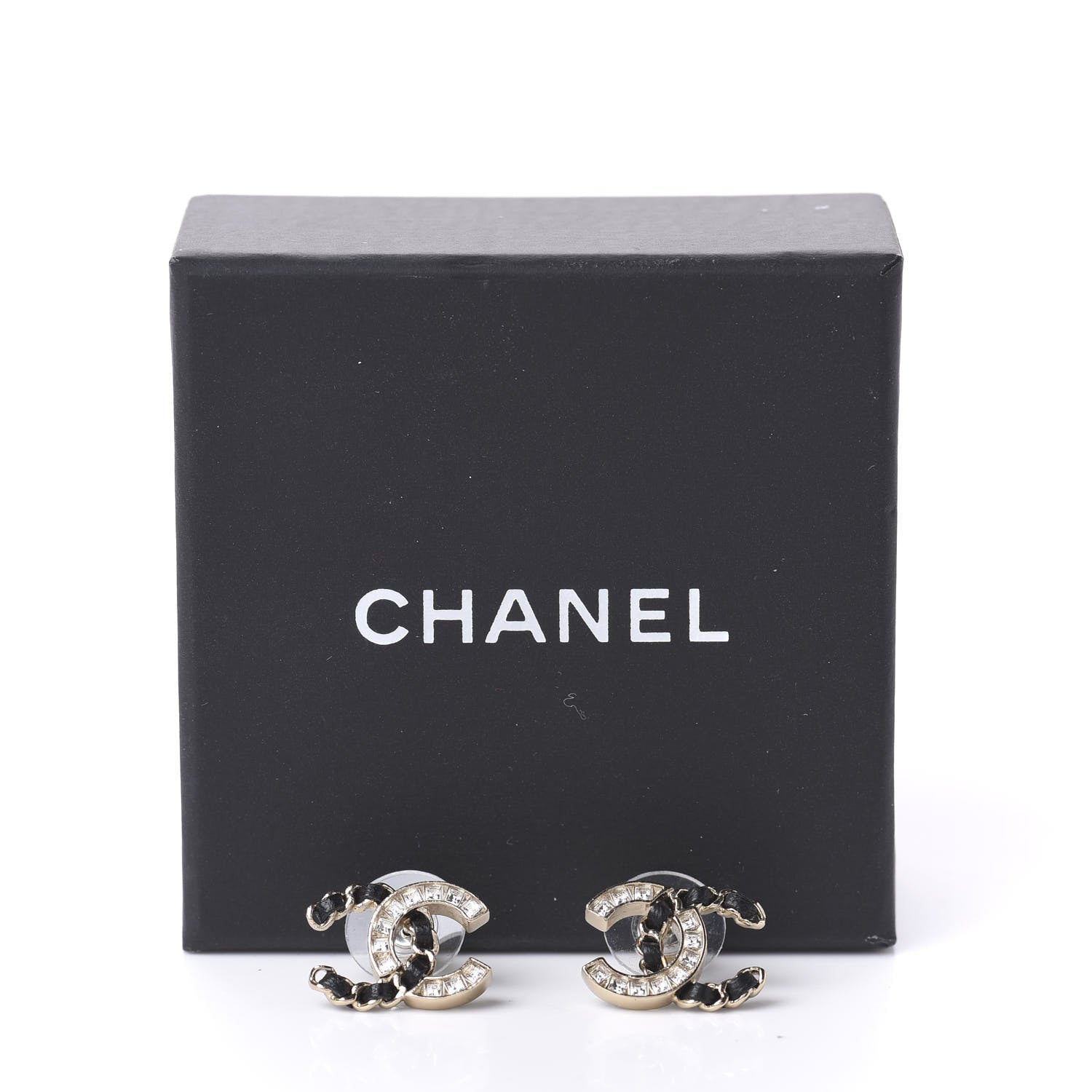 Chanel Crystal Baguette Lambskin Chain CC Vintage Allure Stud Earrings Black Gold 5 of 5